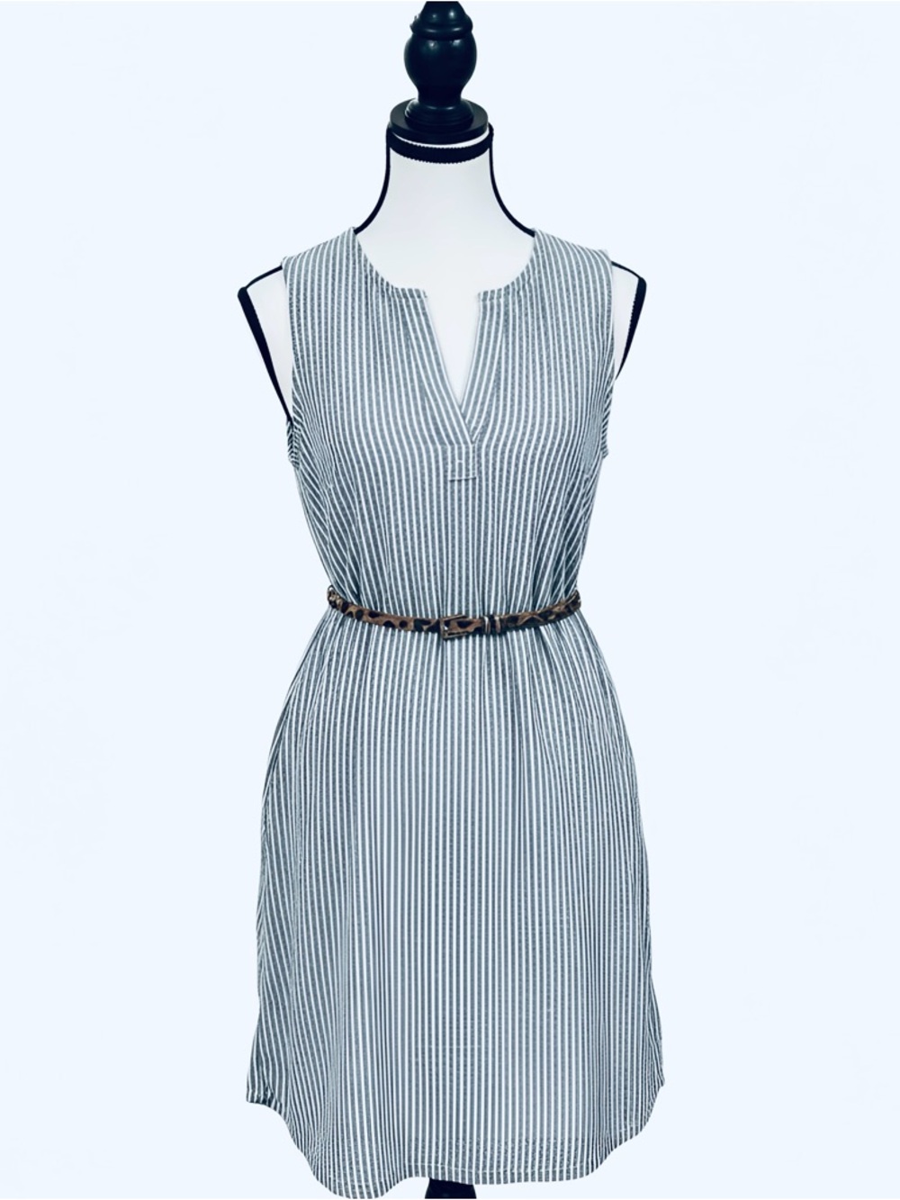 Time and Tru Navy & White Striped Split-Neck Mini Dress - Small, Like New